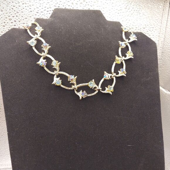 VTG RARE Rousseau Choker Necklace Iridescent Rhinestones on Gold Color Links 15" - Picture 8 of 9